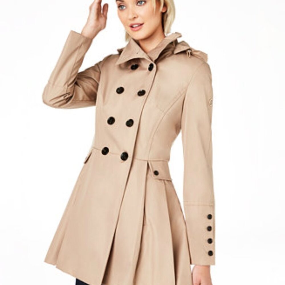 NEW CALVIN KLEIN Double-Breasted Skirted Raincoat with Removable Hood (medium)
